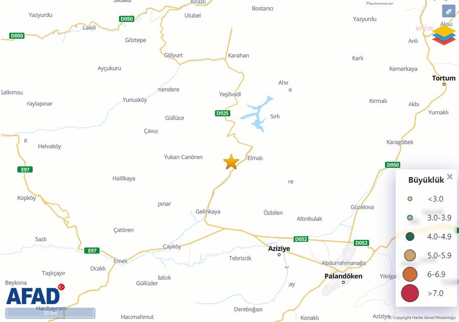 ERZURUM'UN AZİZİYE İLÇESİNDE 4.6 BÜYÜKLÜĞÜNDE DEPREM OLDU
