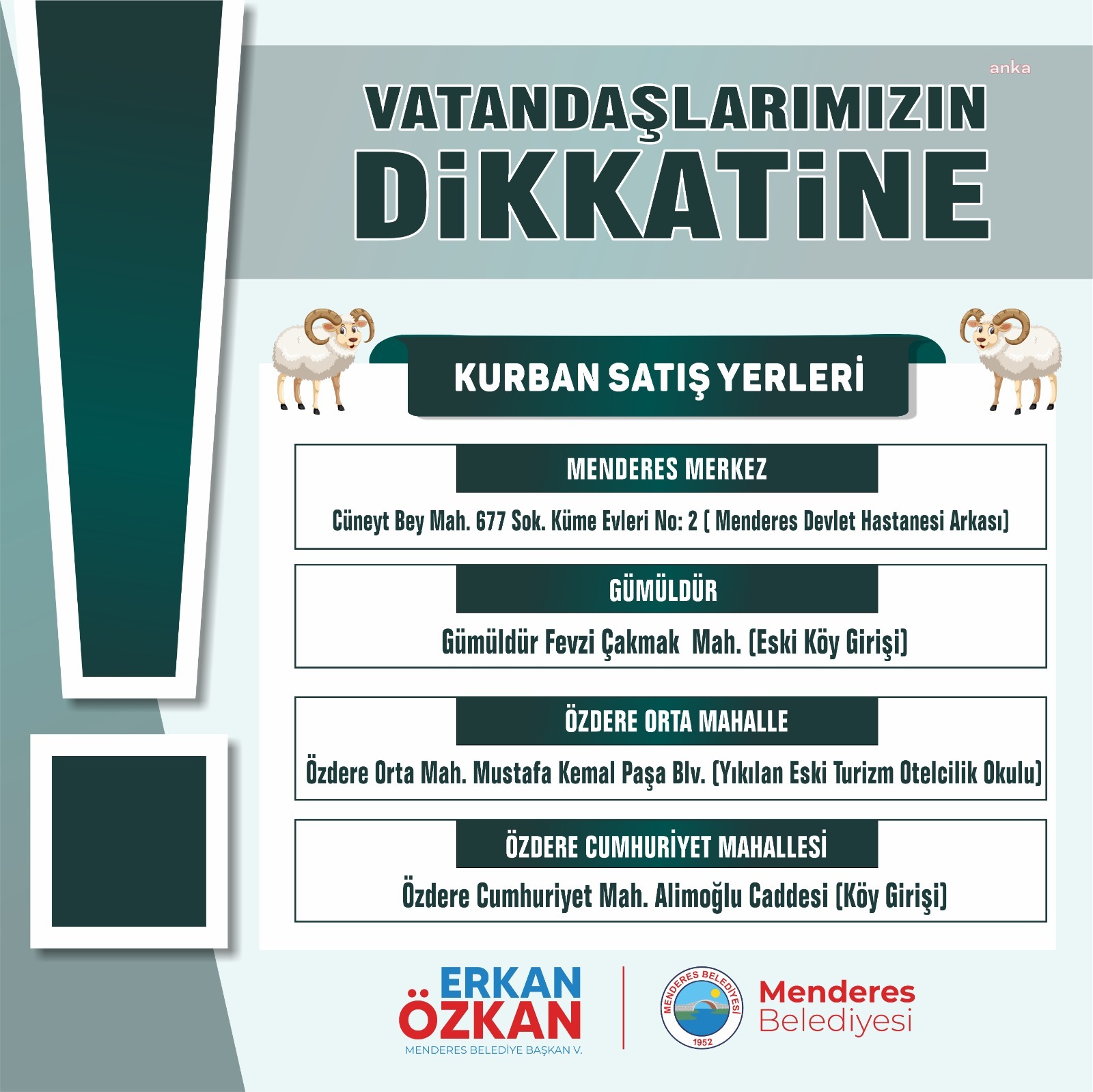 MENDERES’TE KURBAN SATIŞ VE KESİM YERLERİ BELLİ OLDU