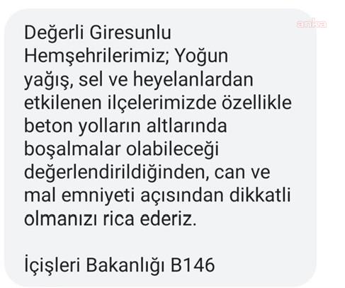İÇİŞLERİ BAKANLIĞI GİRESUNLULAR’I SMS İLE UYARDI