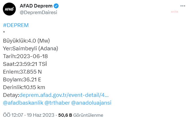 ADANA’NIN SAİMBEYLİ İLÇESİNDE 4 BÜYÜKLÜĞÜNDE DEPREM