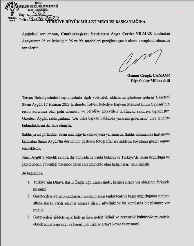CENGİZ ÇANDAR’DAN BAKAN YERLİKAYA’YA: “BASIN MENSUPLARINI ŞİDDETE AÇIK HALE GETİREN NEFRET İKLİMİ VE CEZASIZLIK KÜLTÜRÜNE SON VERMEK İÇİN ÇALIŞACAK MISINIZ?”