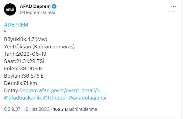 KAHRAMANMARAŞ’IN GÖKSUN İLÇESİNDE 4.7 BÜYÜKLÜĞÜNDE DEPREM