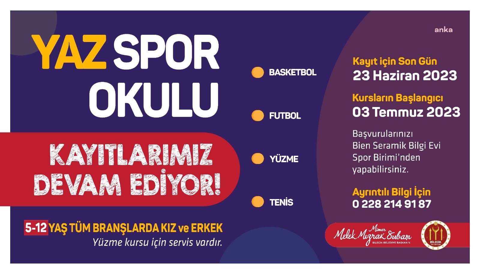 BİLECİK BELEDİYESİ YAZ SPOR OKULLARI KAYITLARI İÇİN SON GÜN 23 HAZİRAN