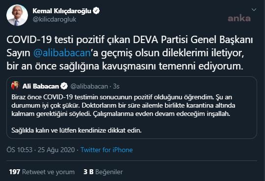 SİYASİLERDEN KORONAVİRÜS TESTİ POZİTİF ÇIKAN BABACAN'A GEÇMİŞ OLSUN MESAJI