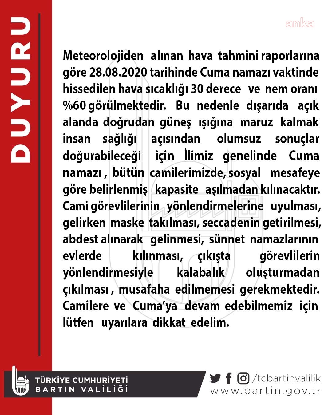 BARTIN VALİLİĞİNDEN CUMA NAMAZI KARARI