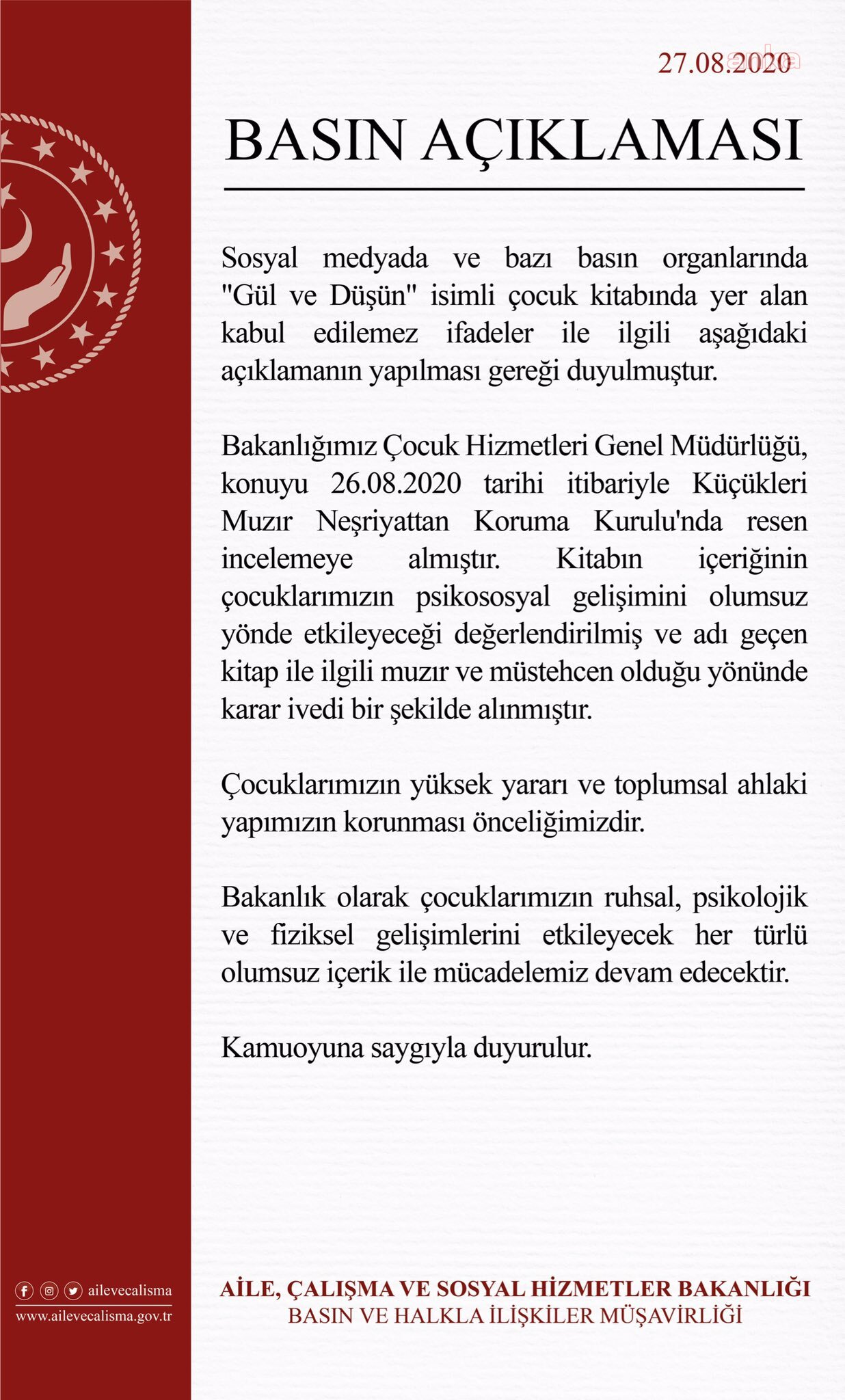 AİLE ÇALIŞMA VE SOSYAL HİZMETLER BAKANLIĞI: “GÜL VE DÜŞÜN’ ADLI KİTAP HAKKINDA MUZIR VE MÜSTEHCEN OLDUĞU YÖNÜNDE KARAR ALINDI”