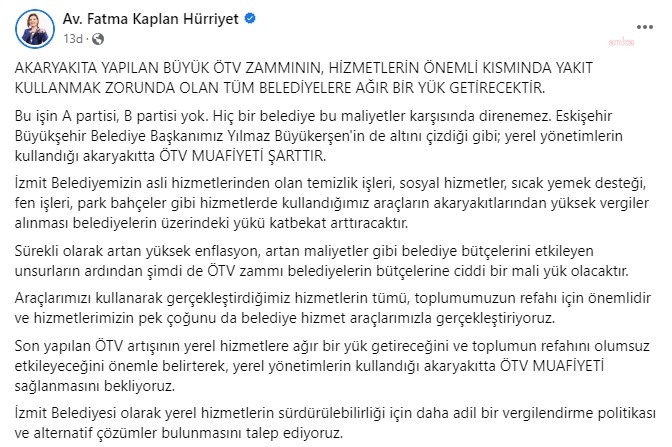 İZMİT BELEDİYE BAŞKANI HÜRRİYET’TEN ÖTV ZAMMINA TEPKİ: "YEREL YÖNETİMLERDE ÖTV MUAFİYETİ ŞART"