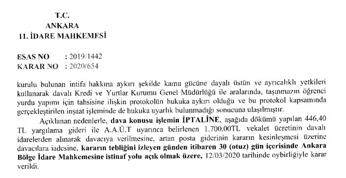 ODTÜ KAVAKLIK’TAKİ YURT PROTOKOLÜNE İPTAL KARARI