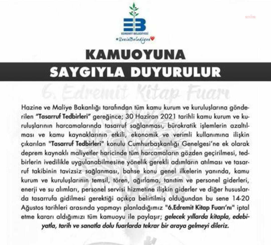EDREMİT KİTAP FUARI "TASARRUF TEDBİRLERİ" NEDENİYLE İPTAL EDİLDİ