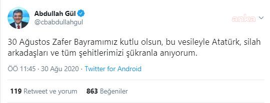 ESKİ CUMHURBAŞKANI ABDULLAH GÜL’DEN 30 AĞUSTOS MESAJI