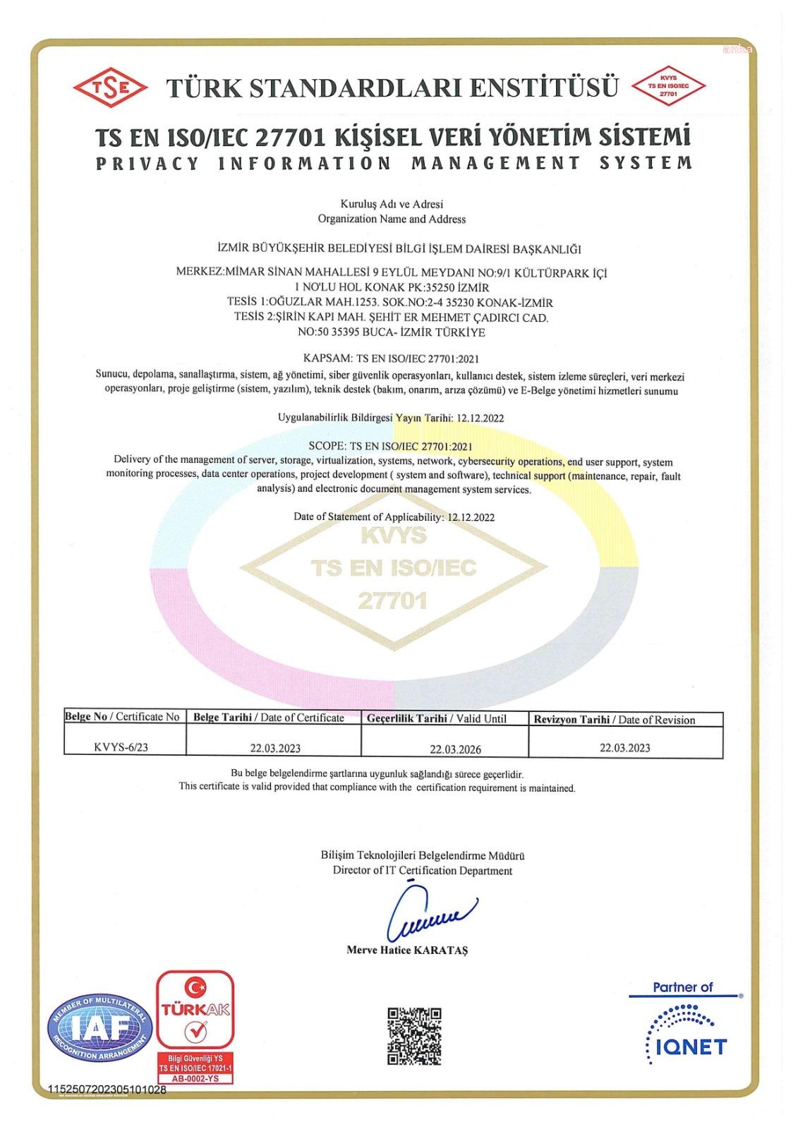 İZMİR BÜYÜKŞEHİR BELEDİYESİ ISO 27701 STANDARDINA SAHİP İLK “BÜYÜKŞEHİR” OLDU