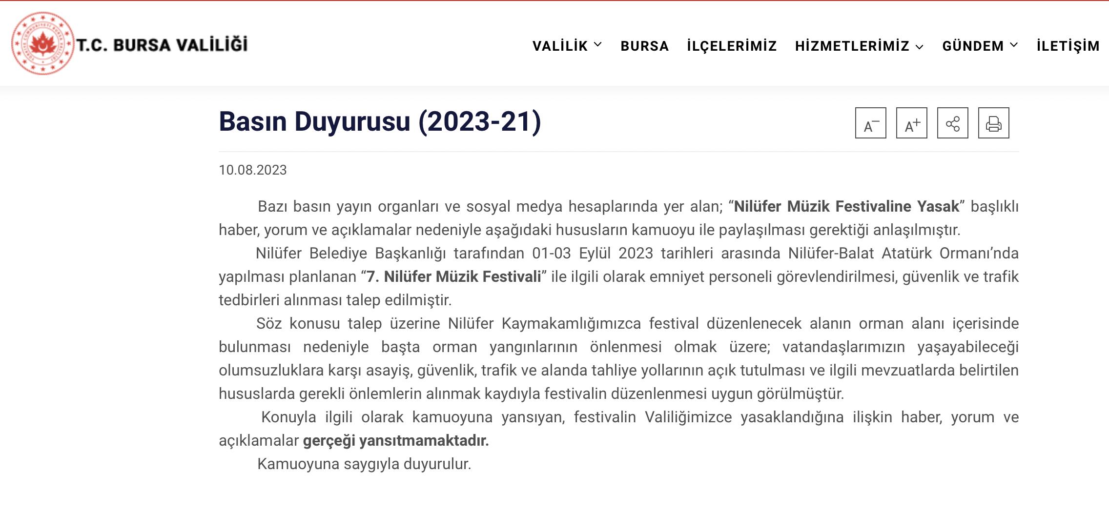 BURSA VALİLİĞİ, KAMP VE ALKOL YASAĞI KARARINA DEĞİNMEDEN NİLÜFER MÜZİK FESTİVALİ’NİN YASAKLANMADIĞINI AÇIKLADI… BELEDİYEYE GÖNDERİLEN YAZIDA YASAKLARIN SIRALANDIĞI GÖRÜLDÜ
