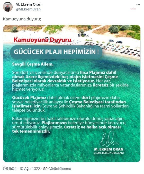 ÇEŞME BELEDİYESİ GÜCÜCEK PLAJI'NA TALİP OLDU