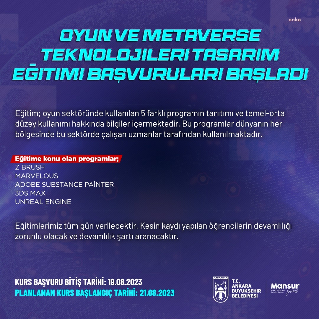 ANKARA BÜYÜKŞEHİR BELEDİYESİ’NİN “OYUN VE METAVERSE TEKNOLOJİLERİ TASARIM EĞİTİMİ” BAŞLIYOR