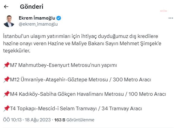 İMAMOĞLU, İSTANBUL’UN ULAŞIM YATIRIMLARI İÇİN İHTİYAÇ DUYDUKLARI KREDİLERE BAKAN ŞİMŞEK’İN HAZİNE ONAYI VERDİĞİNİ DUYURDU