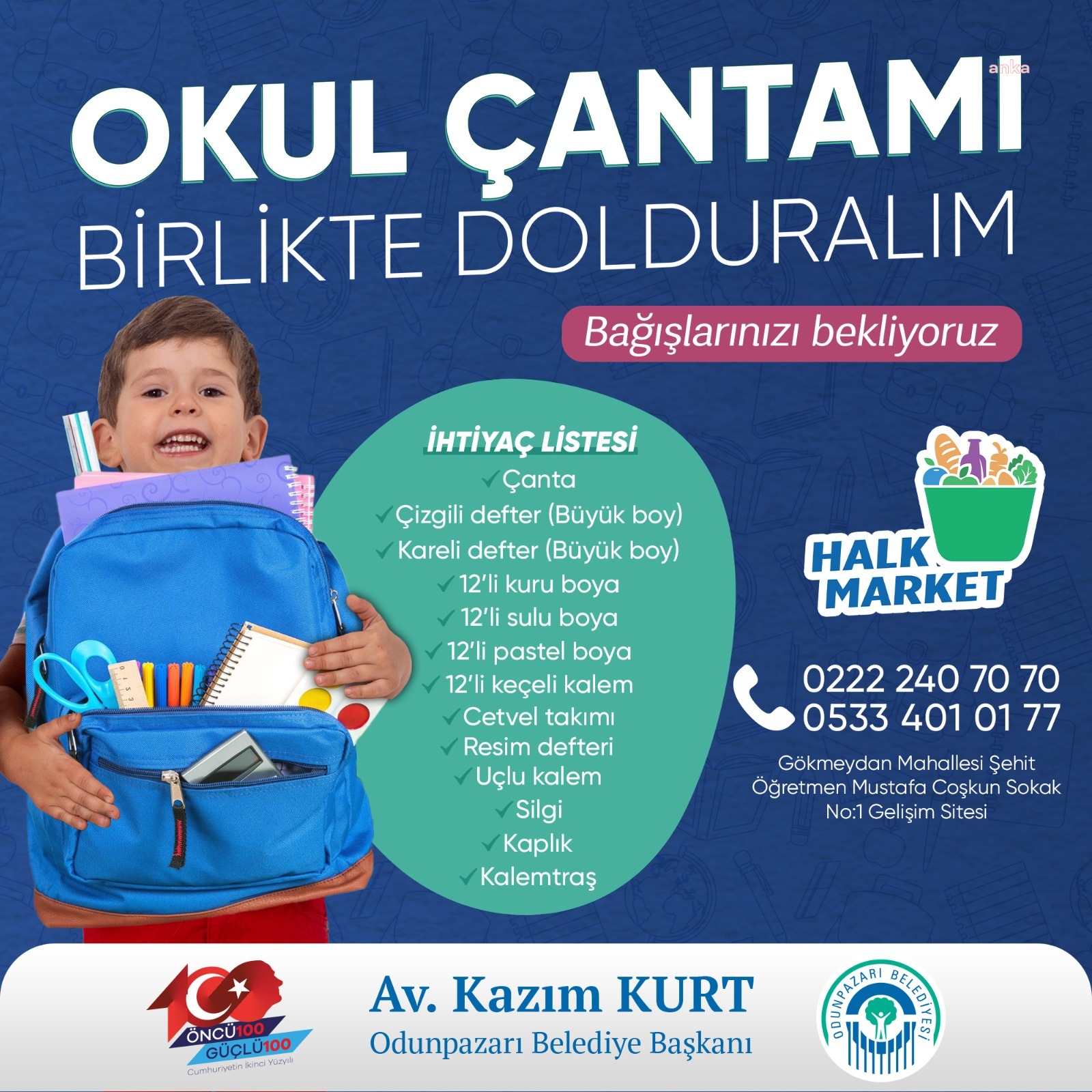 ODUNPAZARI BELEDİYESİ'NDEN HALK MARKET ARACILIĞI İLE ÇOCUKLARA KIRTASİYE YARDIMI ÇAĞRISI