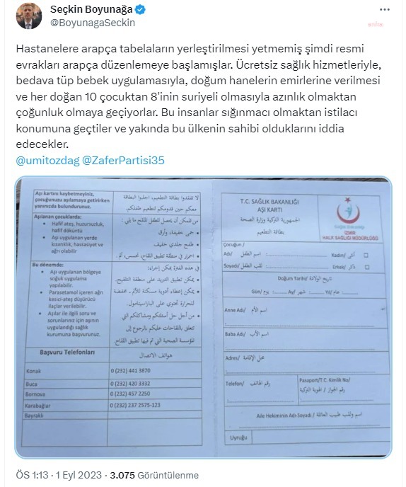 ZAFER PARTİSİ İZMİR İL BAŞKANI BOYUNAĞA'DAN 'ARAPÇA AŞI KARTI' TEPKİSİ: "BU İNSANLAR SIĞINMACI OLMAKTAN ÇIKIP İSTİLACI KONUMUNA GEÇTİLER"