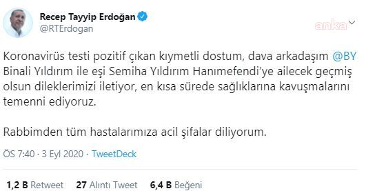 CUMHURBAŞKANI ERDOĞAN’DAN BİNALİ YILDIRIM VE EŞİNE GEÇMİŞ OLSUN MESAJI
