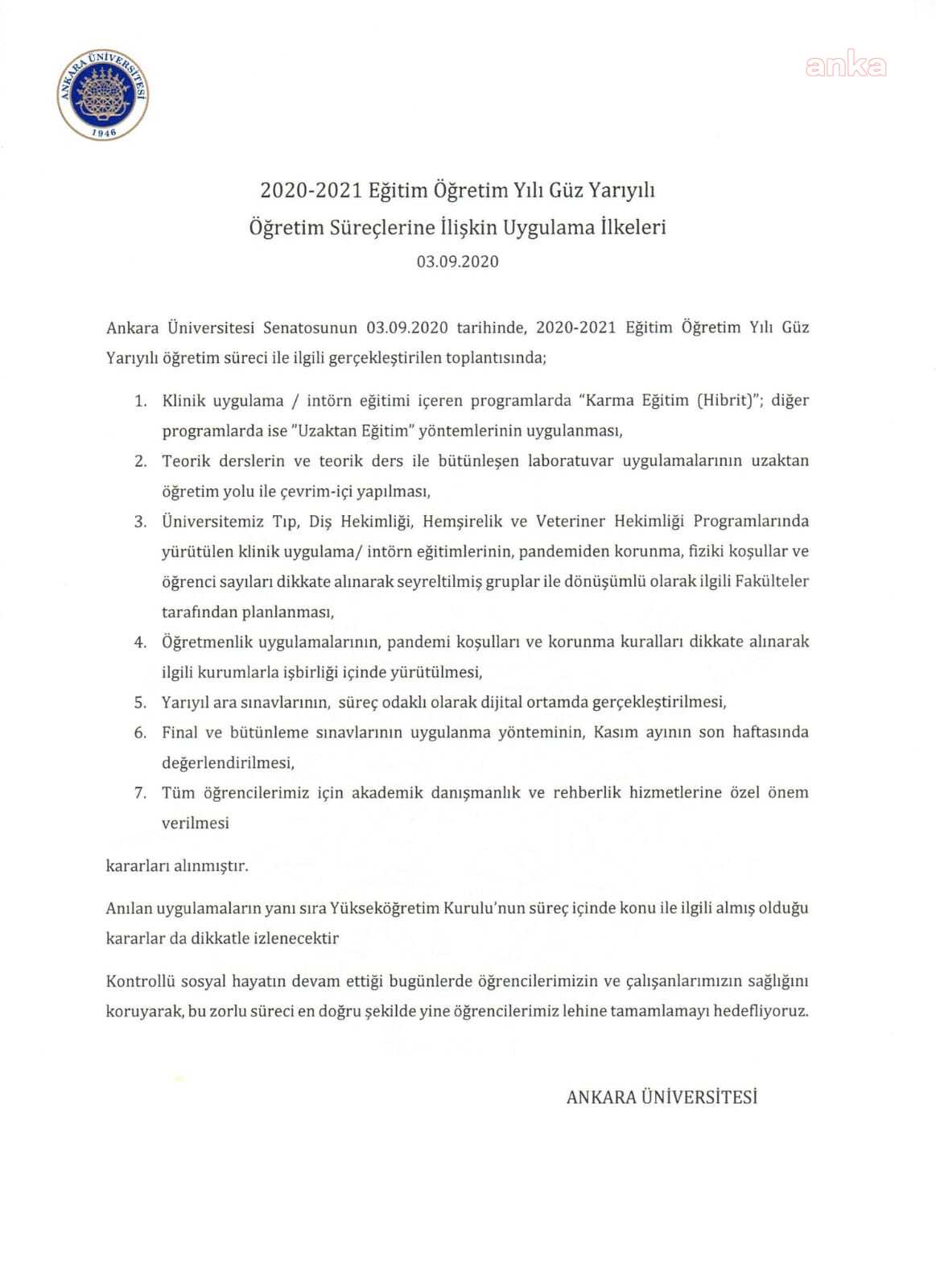ANKARA ÜNİVERSİTESİ’NDEN UZAKTAN EĞİTİM KARARI