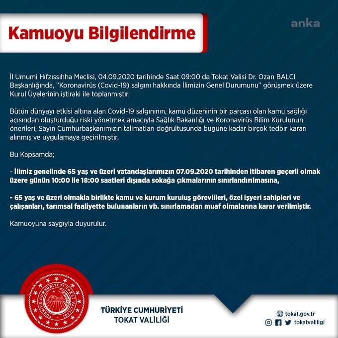 TOKAT’TA 65 YAŞ VE ÜSTÜNE SOKAĞA ÇIKMA KISITLAMASI
