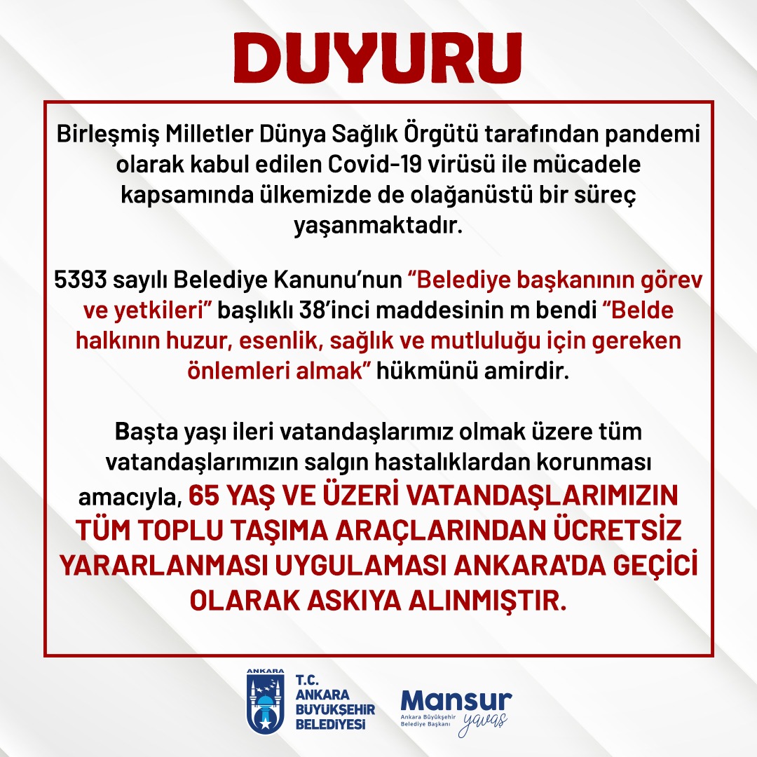 ANKARA’DA 65 YAŞ ÜSTÜNE TOPLU TAŞIM ARTIK ÜCRETLİ