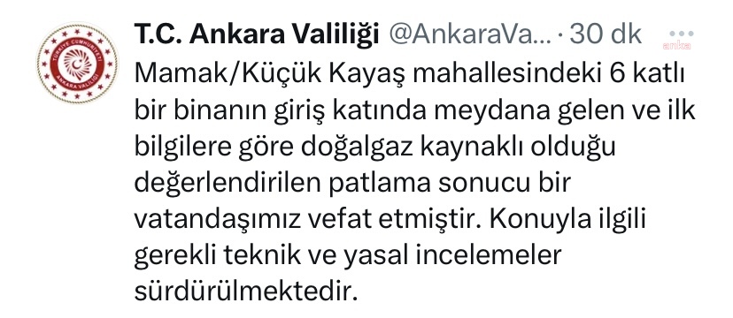 ANKARA MAMAK’TA BİR BİNADA PATLAMA MEYDANA GELDİ, BİR KİŞİ ÖLDÜ