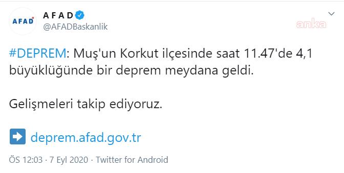MUŞ'TA 4,1 BÜYÜKLÜĞÜNDE DEPREM
