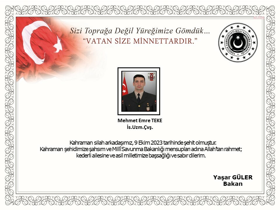 MSB: UZMAN ÇAVUŞ MEHMET EMRE TEKE ŞEHİT OLDU