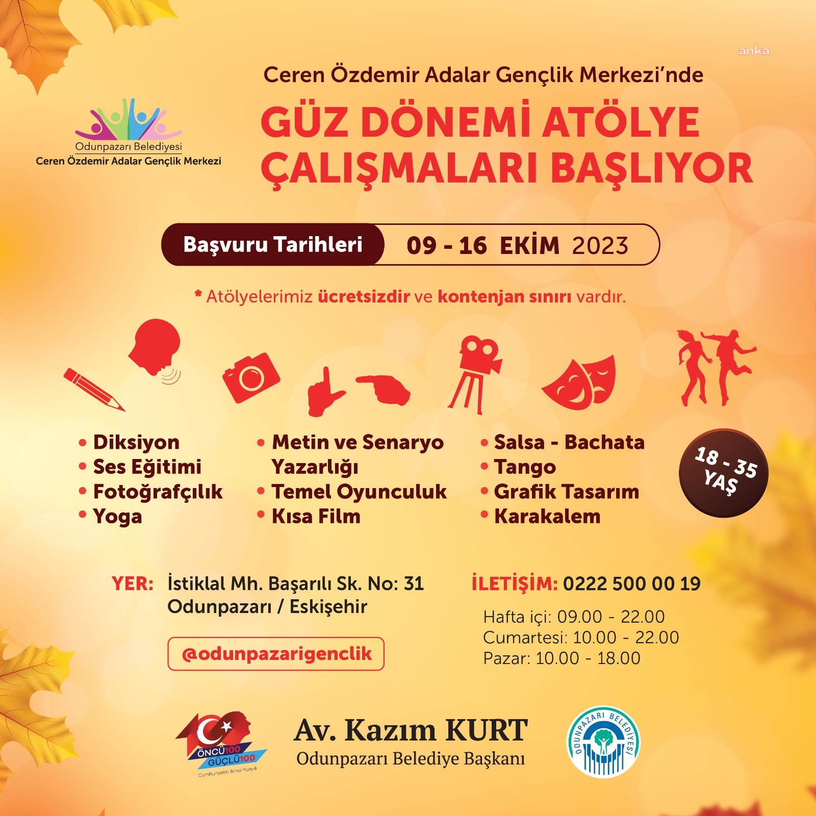 ODUNPAZARI BELEDİYESİ CEREN ÖZDEMİR ADALAR GENÇLİK MERKEZİ’NDE ATÖLYE KAYITLARI BAŞLADI