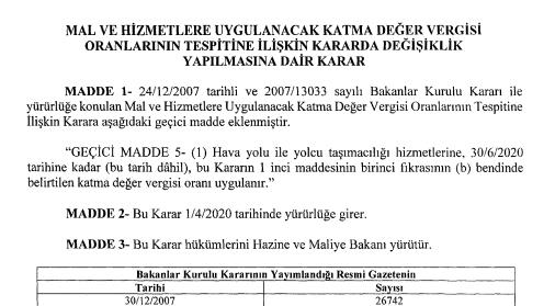 HAVAYOLU YOLCU TAŞIMACILIĞINA KDV İNDİRİMİ RESMİ GAZETE’DE