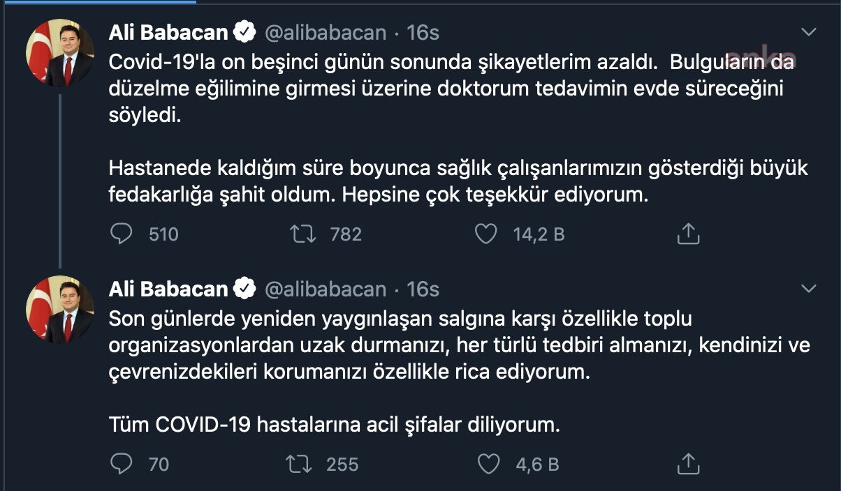 DEVA PARTİSİ GENEL BAŞKANI ALİ BABACAN'IN COVİD-19 TEDAVİSİ EVDE DEVAM EDECEK