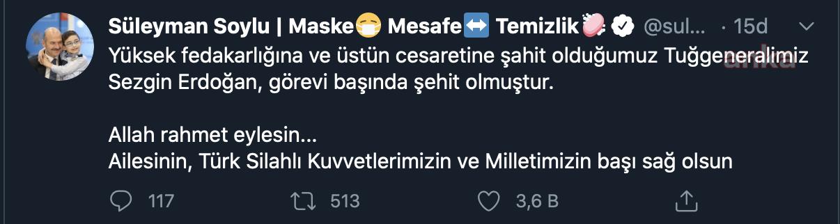 İÇİŞLERİ BAKANI SOYLU İDLİB'DE HAYATINI KAYBEDEN TUĞGENERAL İÇİN BAŞSAĞLIĞI DİLEDİ