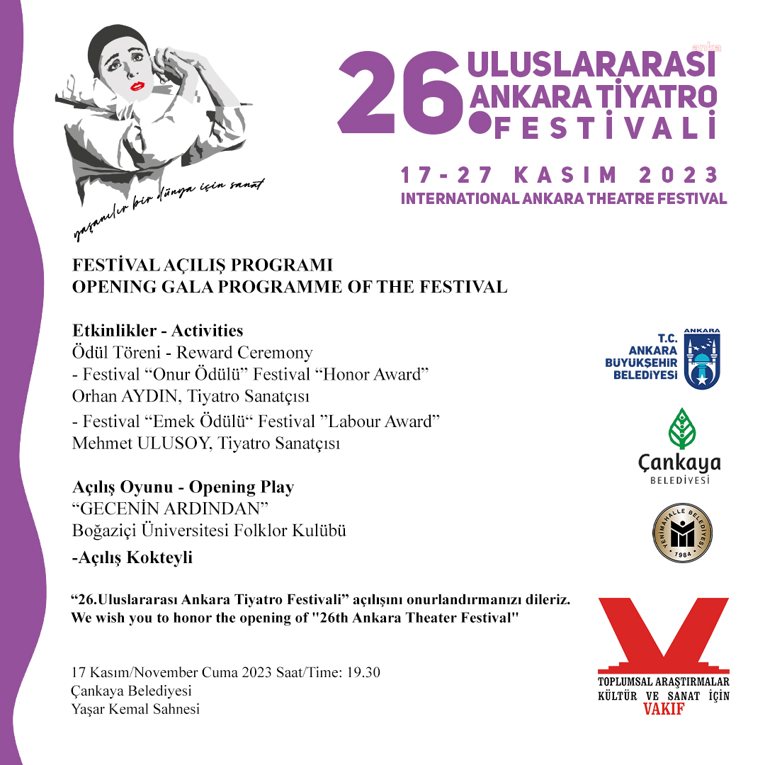 26. ULUSLARARASI ANKARA TİYATRO FESTİVALİ PROGRAMI BELİRLENDİ