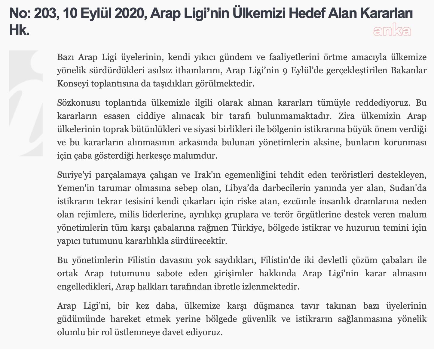 DIŞİŞLERİ BAKANLIĞI'NDAN ARAP LİGİ KARARLARINA TEPKİ