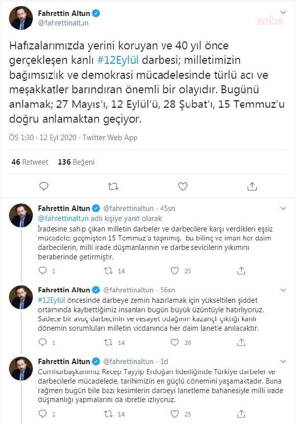 ALTUN'DAN 12 EYLÜL MESAJI: MİLLİ İRADE DÜŞMANLIĞI YAPMALARINI İBRETLE İZLİYORUZ
