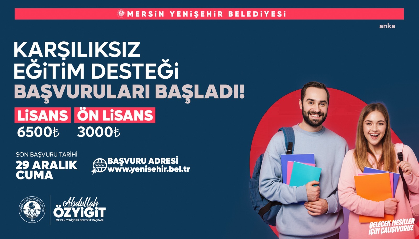 YENİŞEHİR BELEDİYESİ'NİN KARŞILIKSIZ EĞİTİM DESTEĞİ BAŞVURULARI BAŞLADI