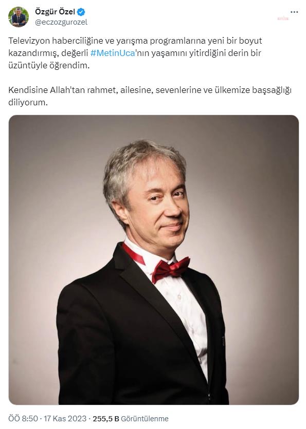 ÖZGÜR ÖZEL: TELEVİZYON HABERCİLİĞİNE VE YARIŞMA PROGRAMLARINA YENİ BİR BOYUT KAZANDIRMIŞ, DEĞERLİ METİN UCA’NIN YAŞAMINI YİTİRDİĞİNİ DERİN BİR ÜZÜNTÜYLE ÖĞRENDİM