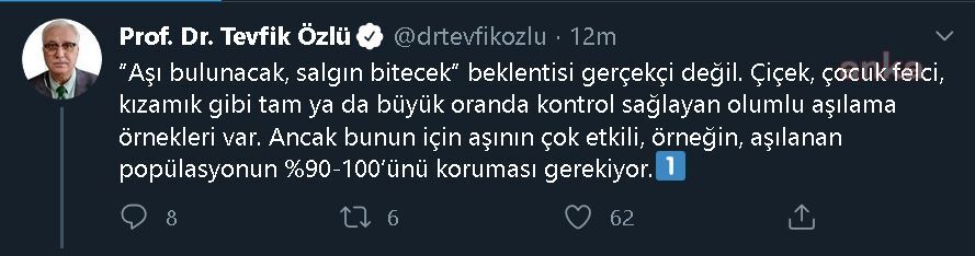 BİLİM KURULU ÜYESİ ÖZLÜ: 'AŞI BULUNACAK, SALGIN BİTECEK' BEKLENTİSİ GERÇEKÇİ DEĞİL