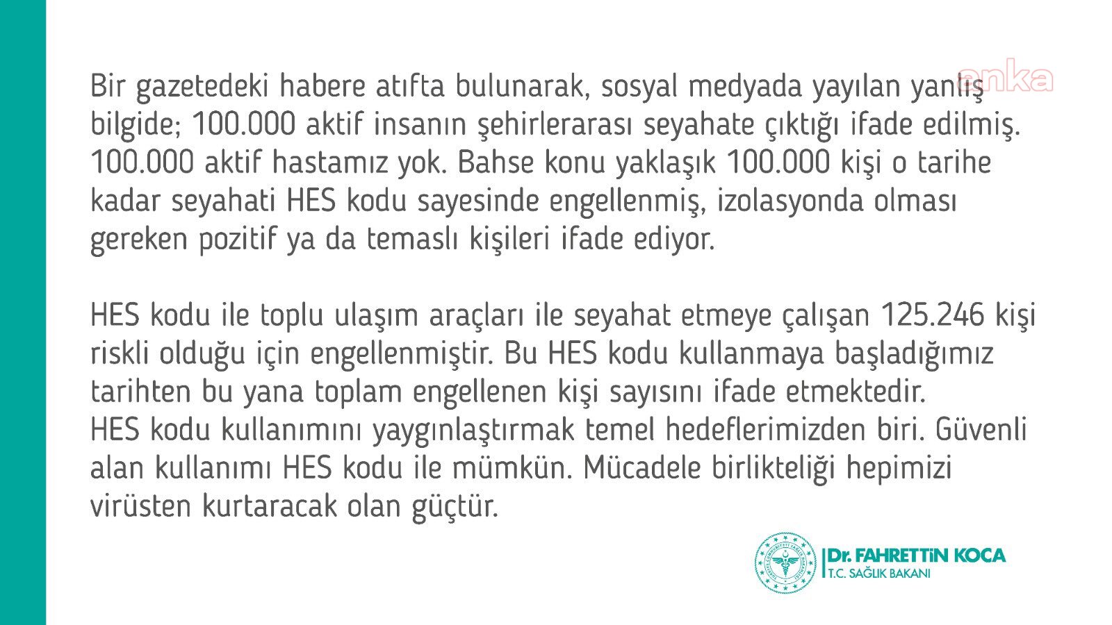 SAĞLIK BAKANI KOCA: "100 BİN AKTİF HASTAMIZ YOK"