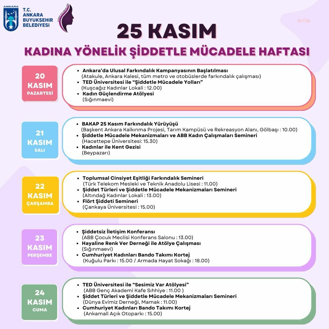 ANKARA BÜYÜKŞEHİR BELEDİYESİ'NDEN 'KADINA YÖNELİK ŞİDDETE KARŞI ULUSLARARASI MÜCADELE HAFTASI'NA ÖZEL ETKİNLİK
