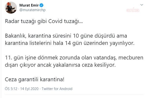 CHP’Lİ EMİR: RADAR GİBİ KORONAVİRÜS TUZAĞI