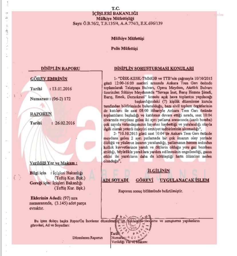 10 EKİM ANKARA GAR KATLİAMINDA İHMALİ OLAN EMNİYET MENSUPLARINA İLİŞKİN DİSİPLİN RAPORU ORTAYA ÇIKTI… İSTİHBARATA RAĞMEN ÖNLEM ALINMAMASI “BAZI EKSİKLİKLER” OLARAK DEĞERLENDİRİLDİ, SADECE KINAMA CEZASI VERİLMESİ GEREKTİĞİ BELİRTİLDİ