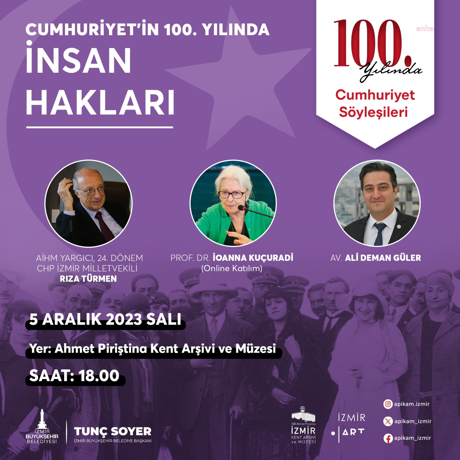 İZMİR'DE “CUMHURİYET'İN 100. YILINDA İNSAN HAKLARI" APİKAM'DA KONUŞULACAK