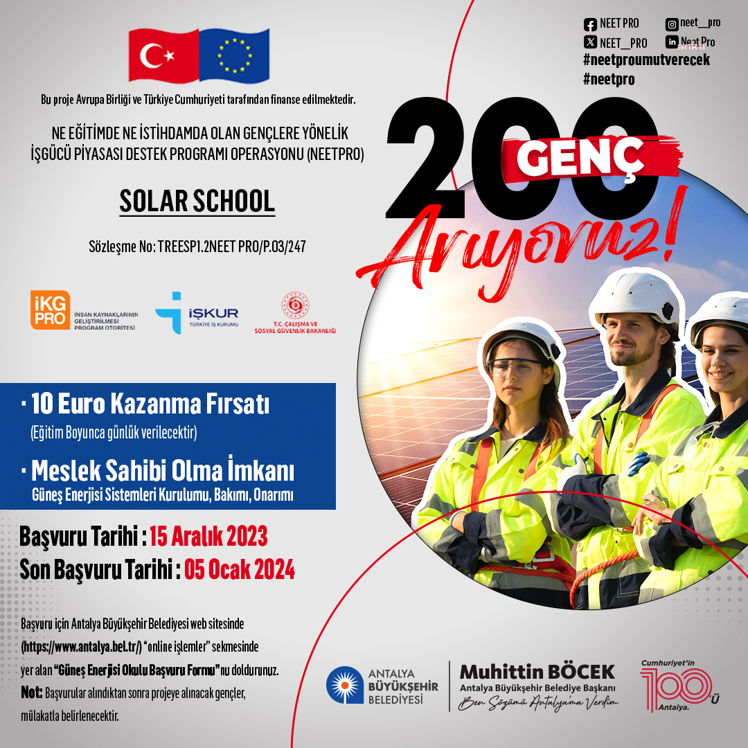 ANTALYA BÜYÜKŞEHİR'DEN İSTİHDAMA KATKI: 15-29 YAŞ ARASI İŞSİZ GENÇLER İÇİN “GÜNEŞ ENERJİSİ OKULU” AÇILIYOR