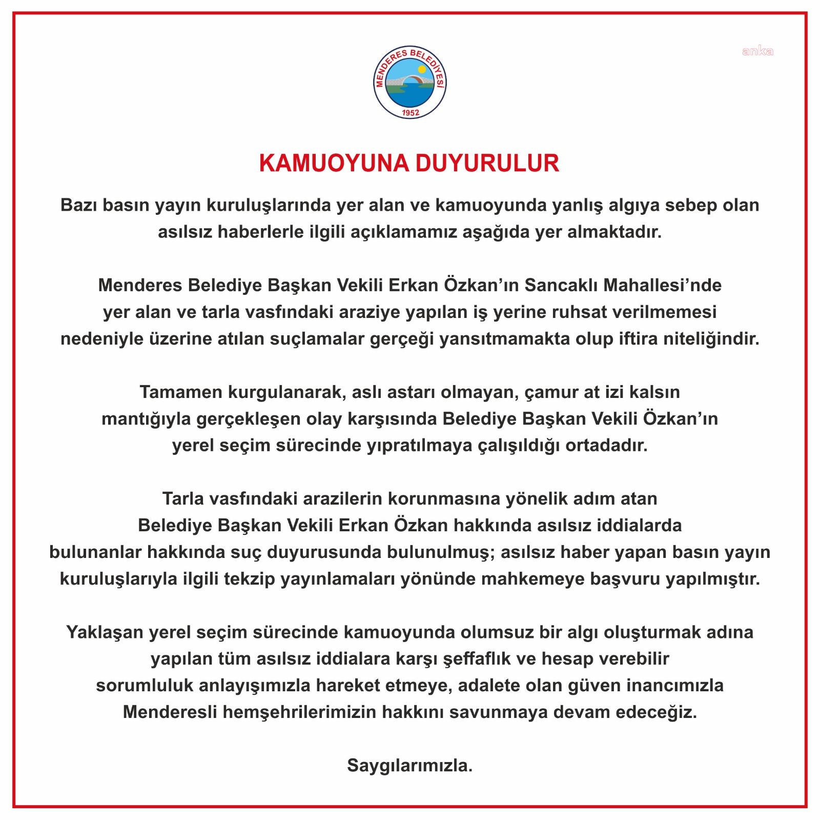 MENDERES BELEDİYESİ: "SUÇLAMALAR GERÇEĞİ YANSITMAMAKTA OLUP İFTİRA NİTELİĞİNDEDİR"