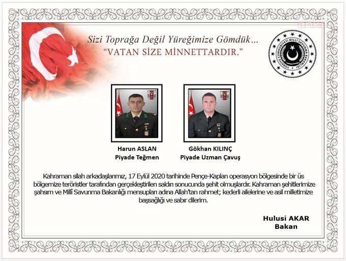ACI HABERİ MSB DUYURDU: 2 ASKER ŞEHİT OLDU