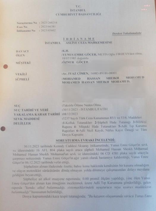MOTOKURYE YUNUS EMRE GÖÇER'İN ÖLÜMÜNE NEDEN OLAN SOMALİ CUMHURBAŞKANI’NIN OĞLU HAKKINDA 6 YILA KADAR HAPİS İSTENDİ