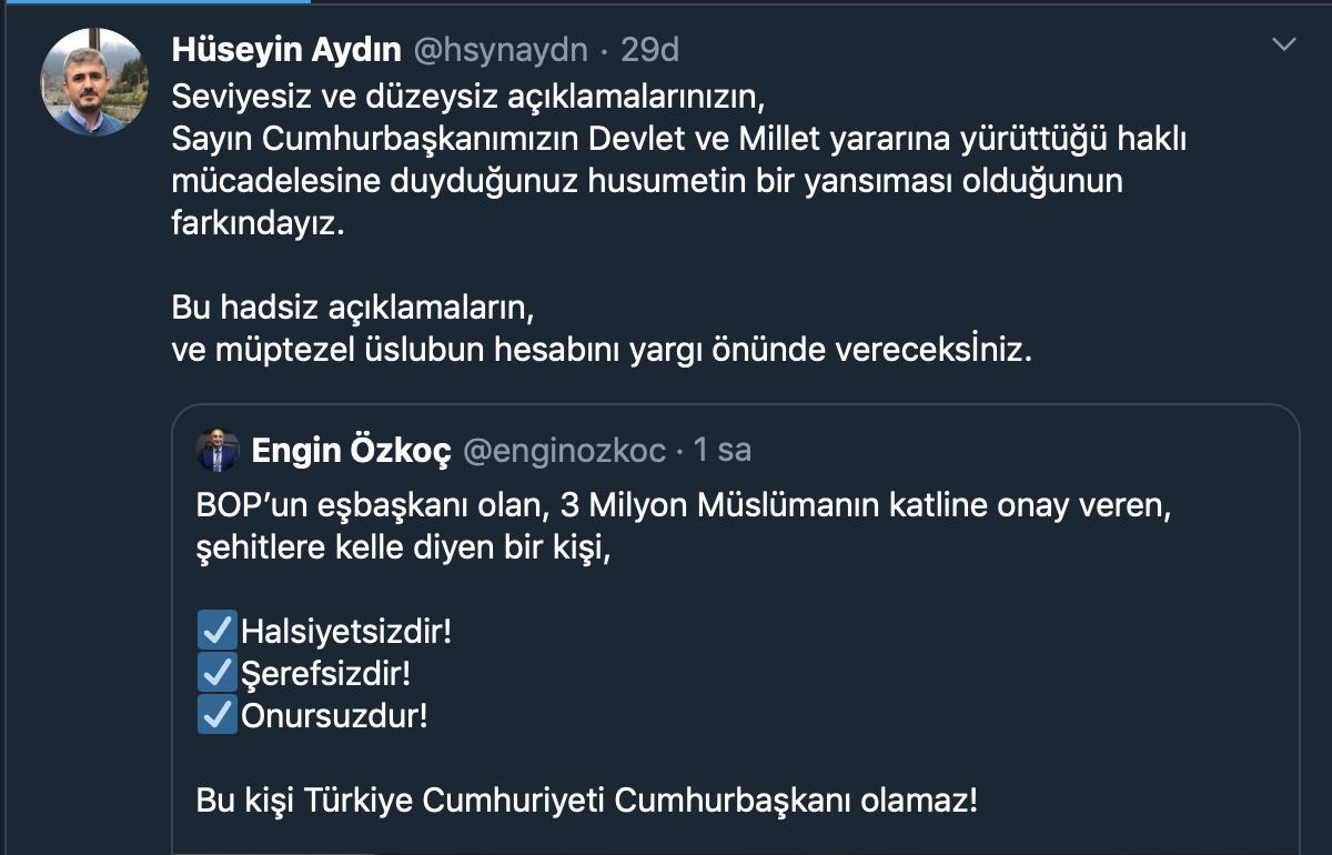 ERDOĞAN'IN AVUKATI AYDIN'DAN ÖZKOÇ'UN SÖZLERİNE DAVA
