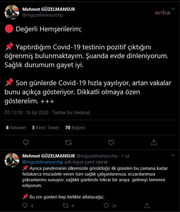 CHP’Lİ GÜZELMANSUR COVİD-19 TESTİNİN POZİTİF ÇIKTIĞINI AÇIKLADI