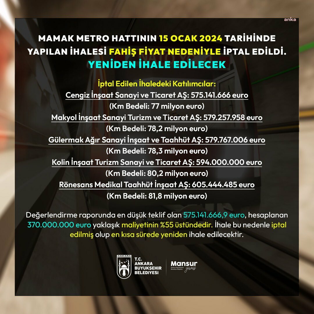 ANKARA BÜYÜKŞEHİR, DUYURDU: MAMAK METRO HATTININ DAHA ÖNCE YAPILAN İHALESİ FAHİŞ FİYAT NEDENİYLE İPTAL EDİLDİ, YENİDEN İHALE EDİLECEK